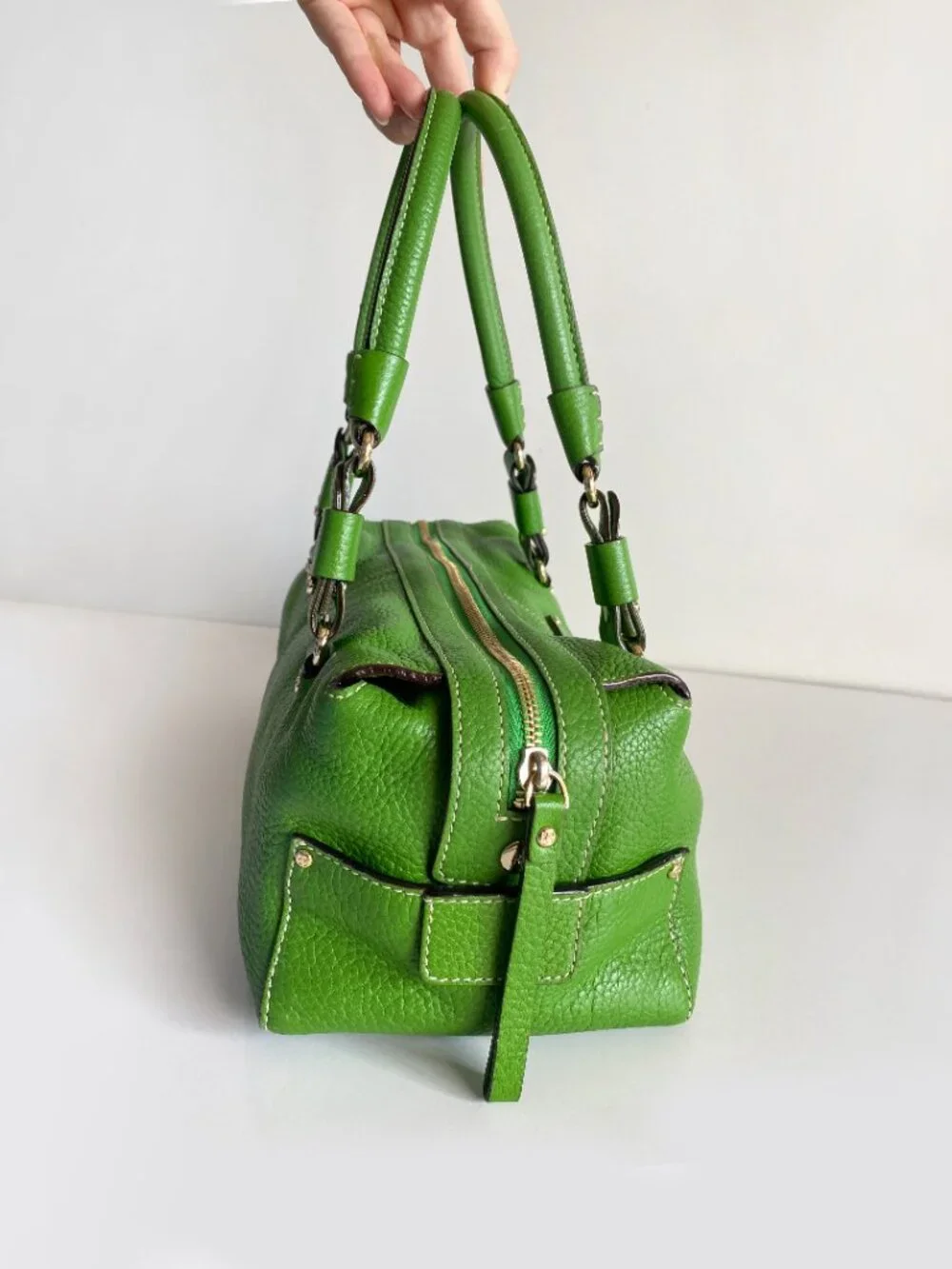 Kate Spade New York Green Leather Satchel Handbag Silver Hardware Y2K Vintage